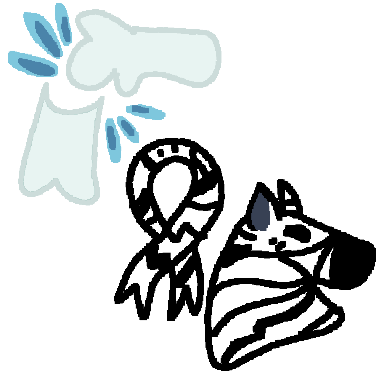 on the top is a pair of disconnected bone joints with blue lines coming out of the gap. on the bottom right corner is a white ribbon with black stripes next to the bust of a zebra, who has a white body with black stripes